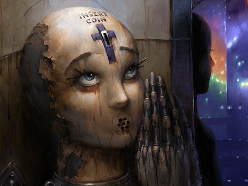 robot praying in arcade