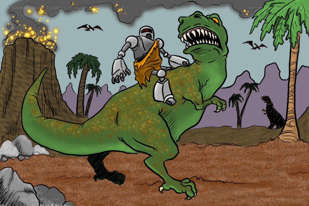 robot riding dinosaur