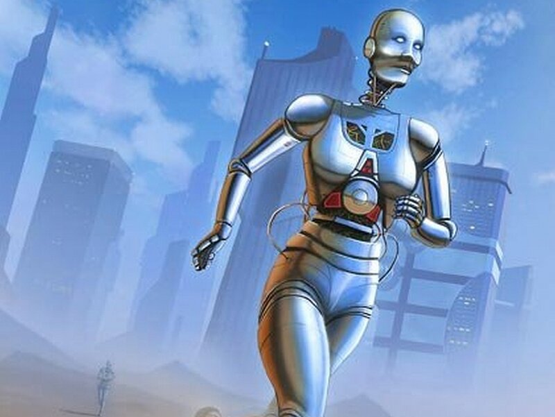 robot running in futuristic city