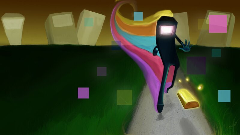 robot running with rainbow cape
