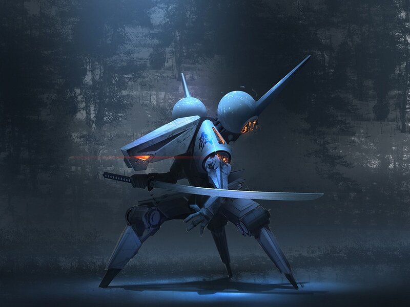 robot samurai in forest