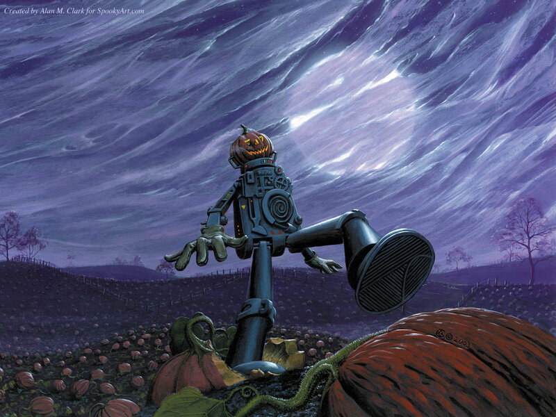 robot scarecrow in pumpkin patch
