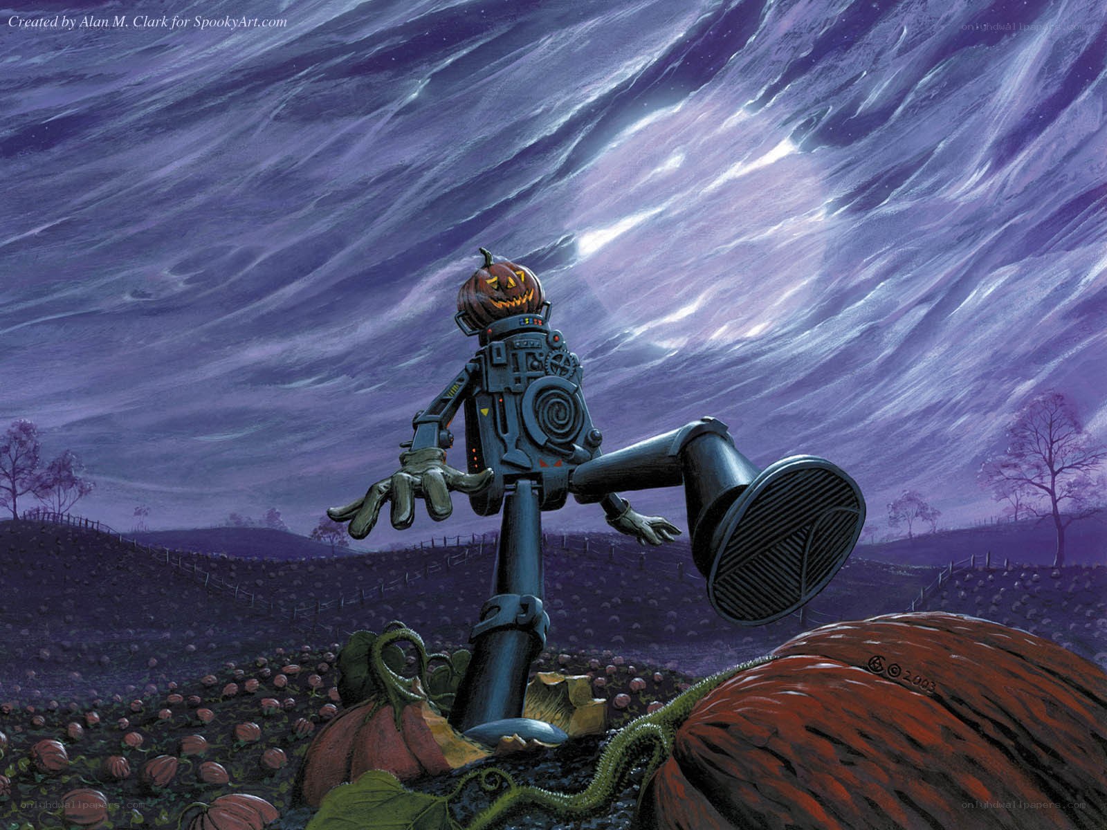robot scarecrow in pumpkin patch
