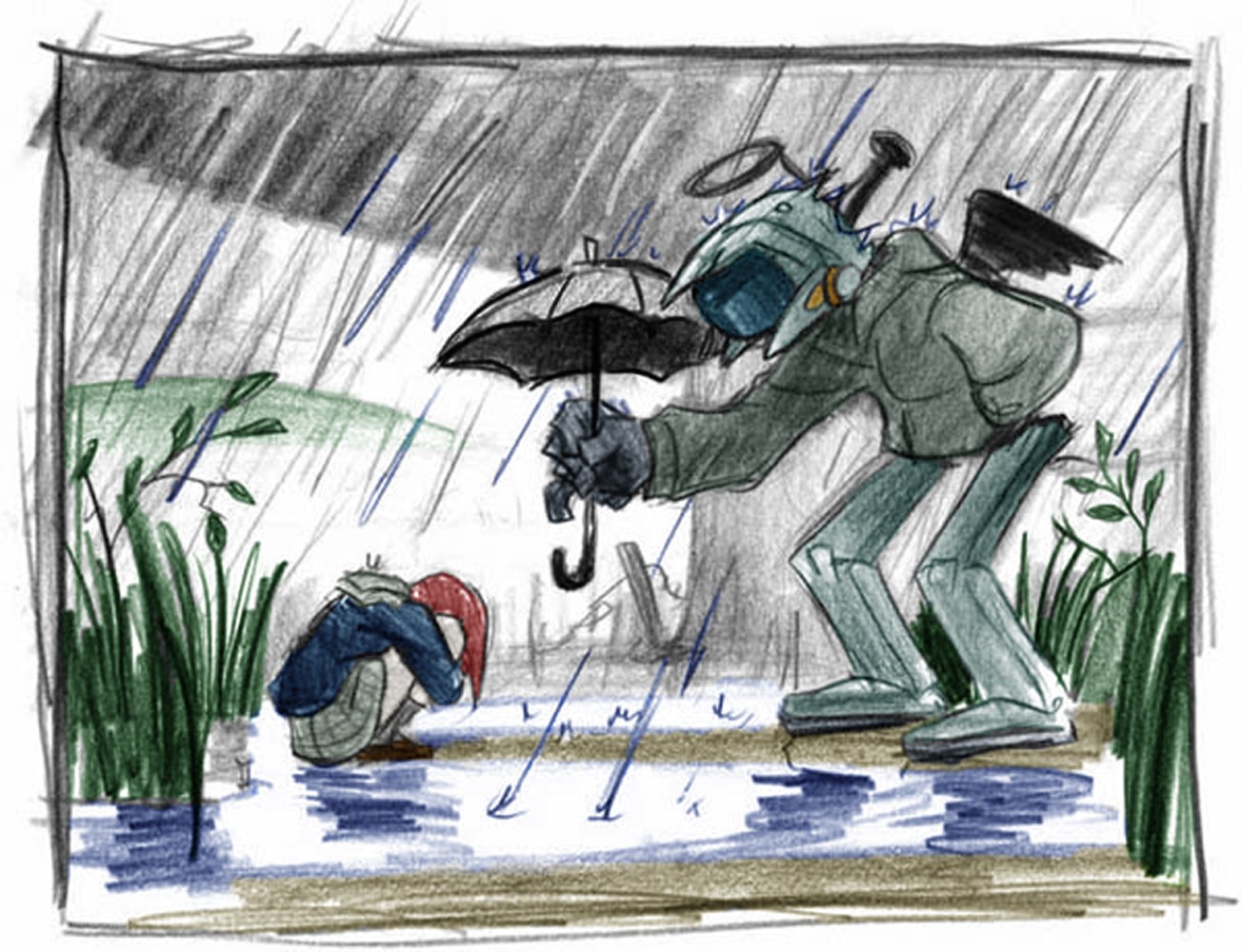 Robot shelters child in rain