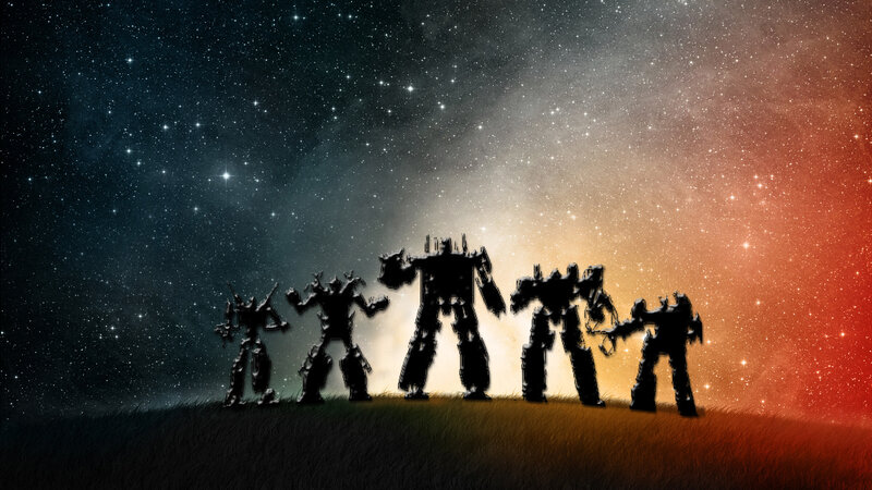 robot silhouettes on a starry hill