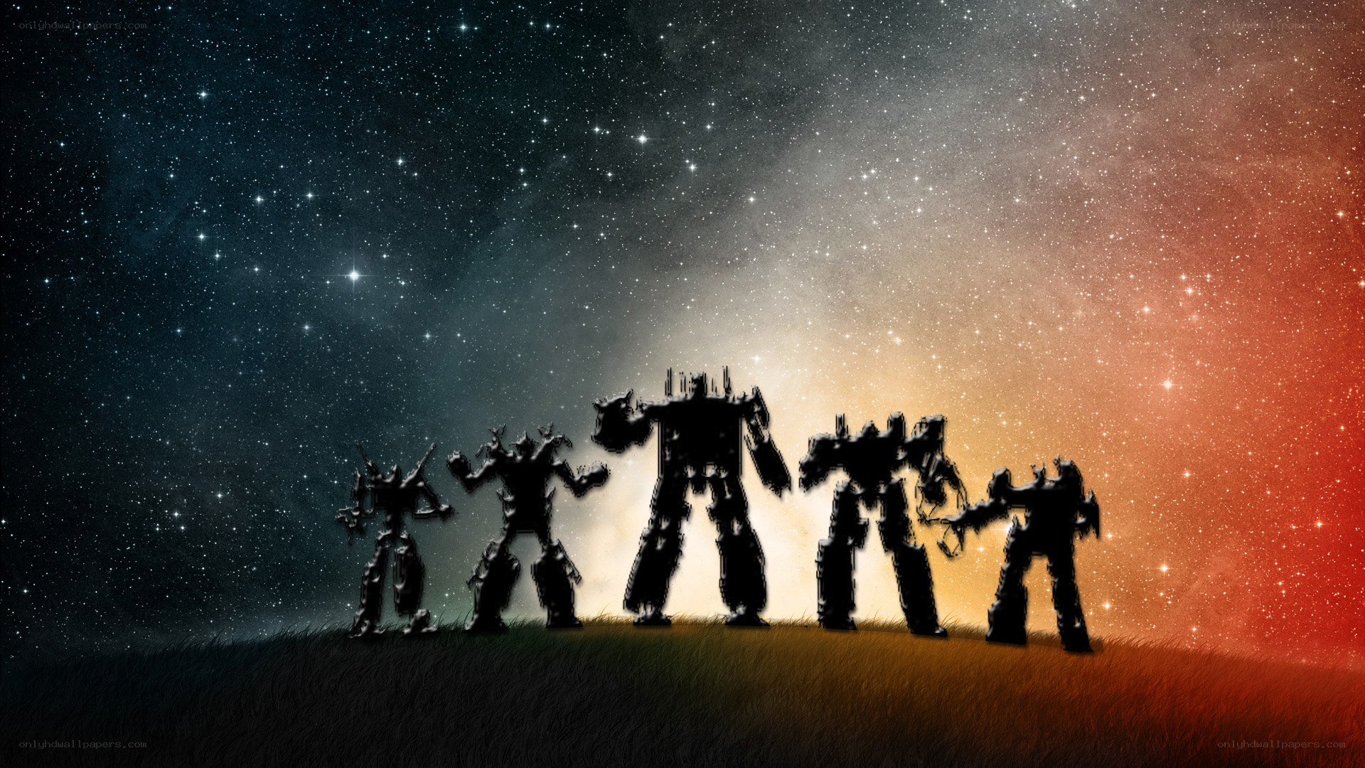 robot silhouettes on a starry hill