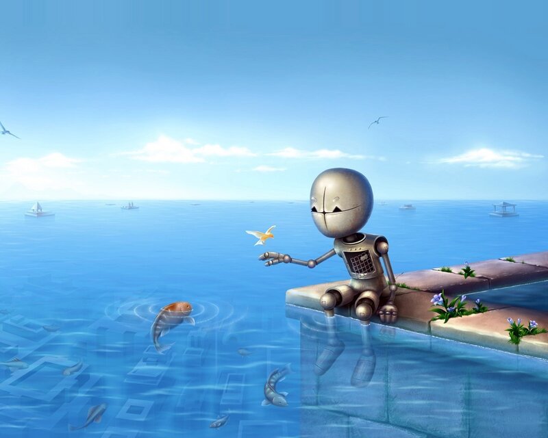 Robot Sitting by Water — Blue, Serene, Afternoon, Digital Art, Fish