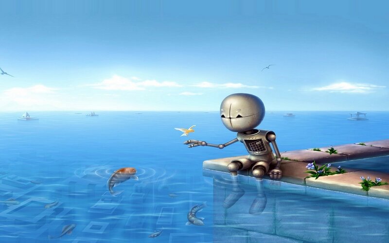 Robot Sitting by Water — Blue, Serene, Afternoon, Digital Art