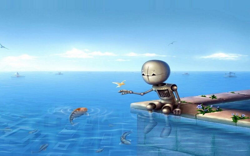 Robot Sitting by Water — Blue