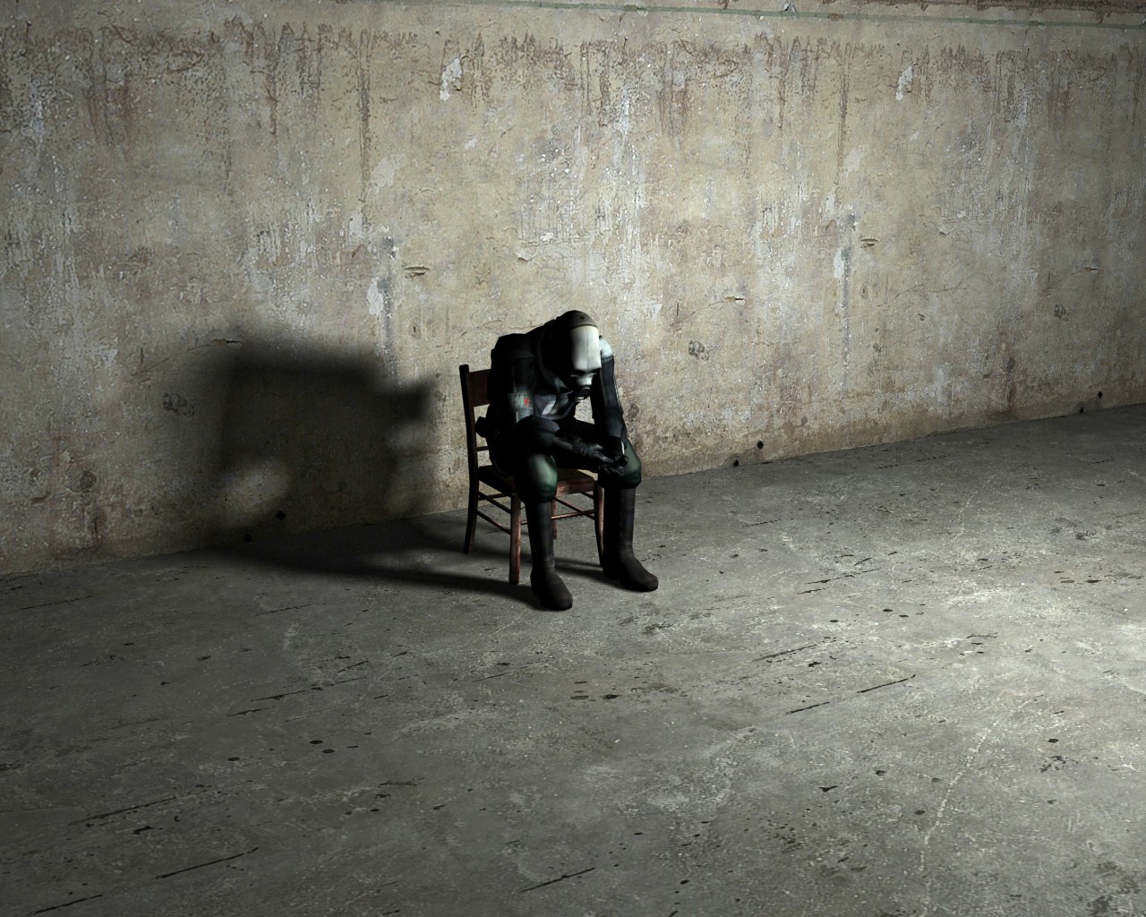 robot sitting in a dark room