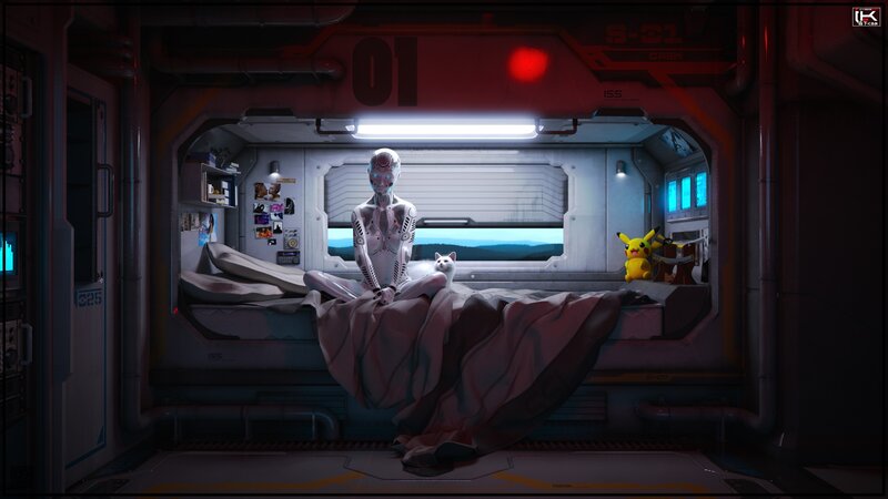 Robot Sitting on Bed