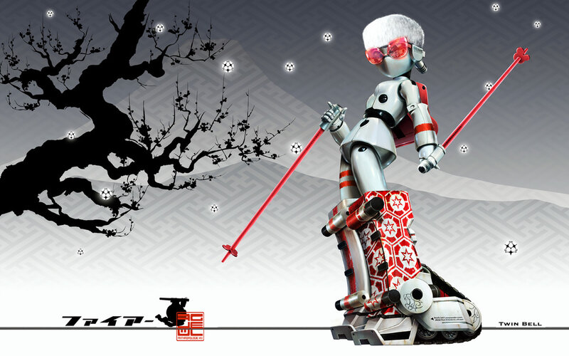 robot skier with cherry blossoms
