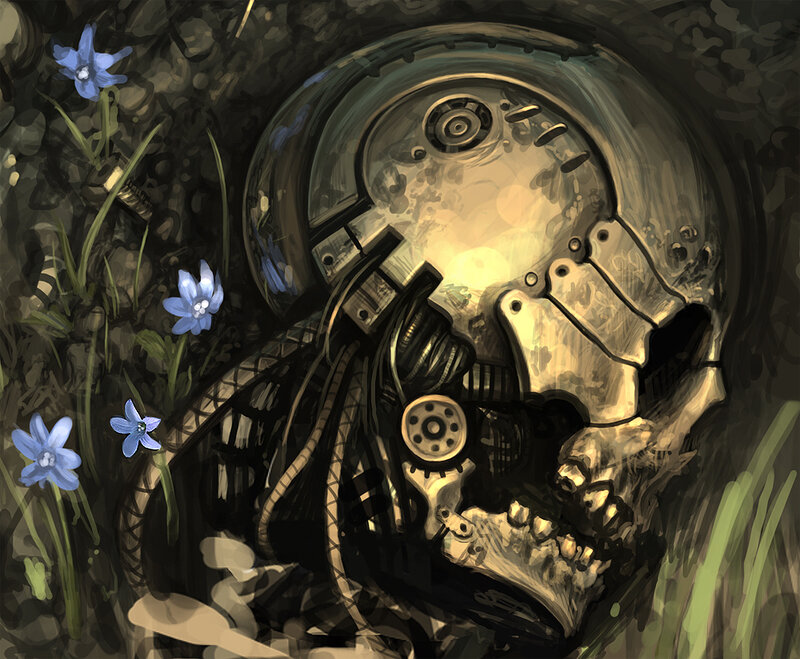 robot skull in grass
