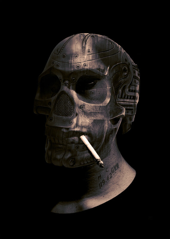 robot skull with cigarette