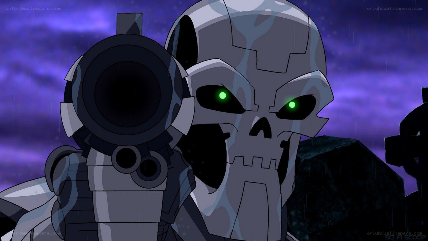 robot skull with green eyes