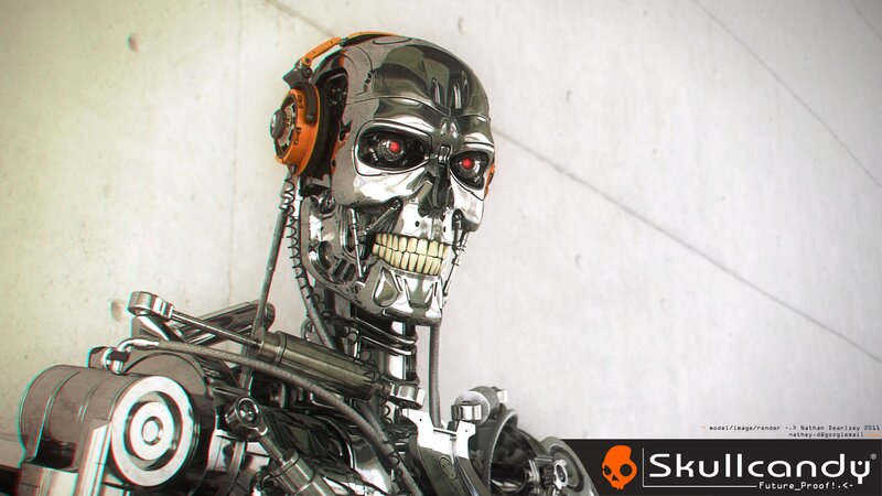 robot skull with headphones
