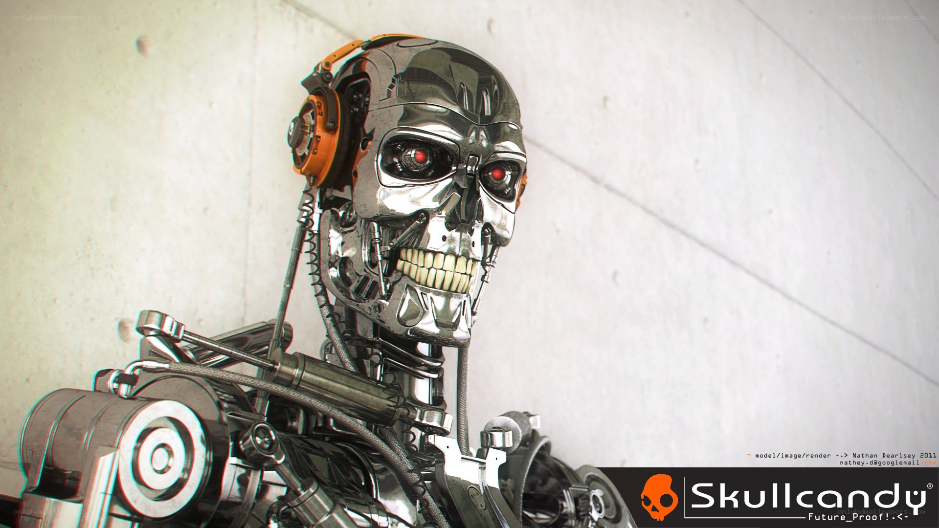 robot skull with headphones