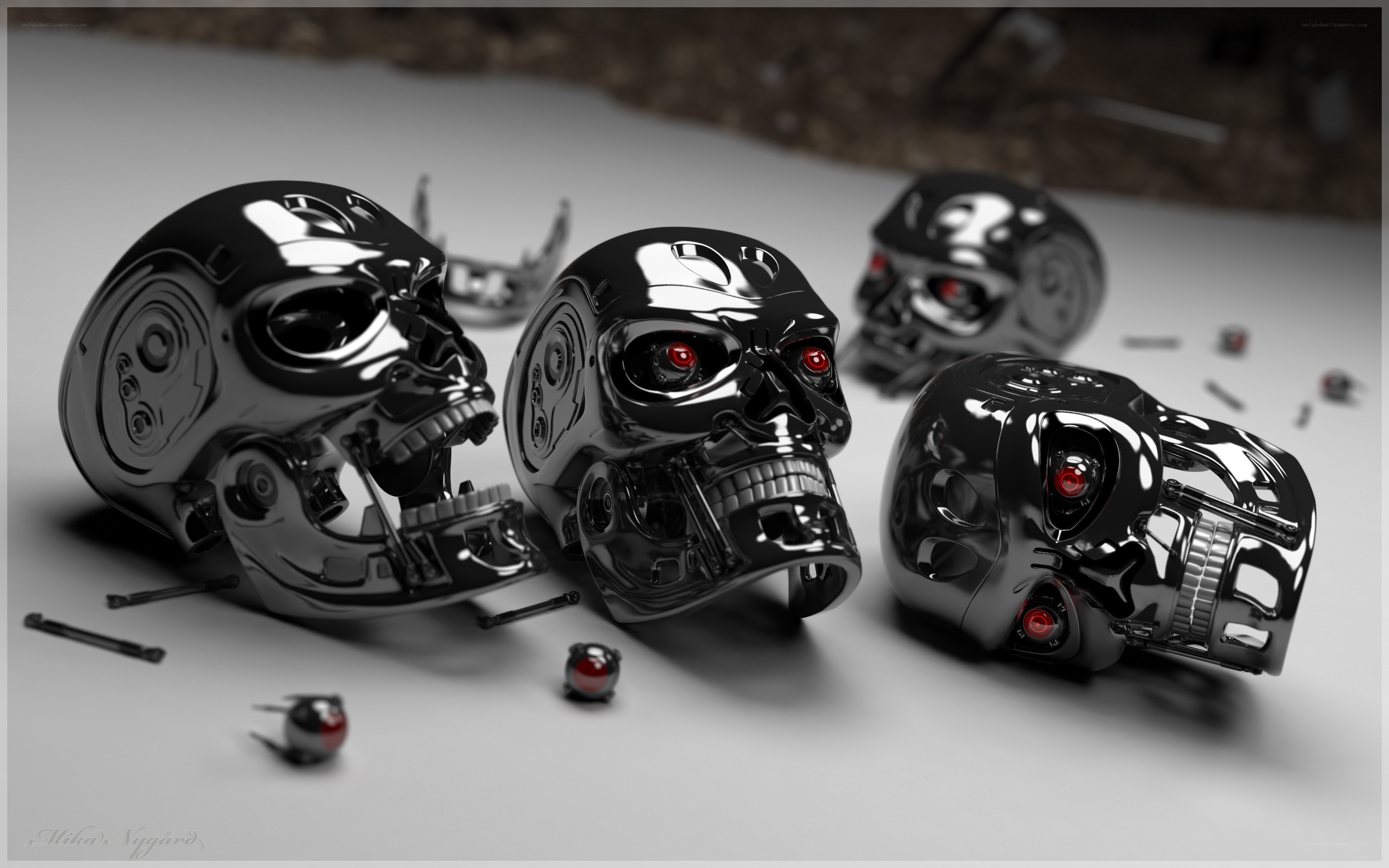 robot skulls with red eyes