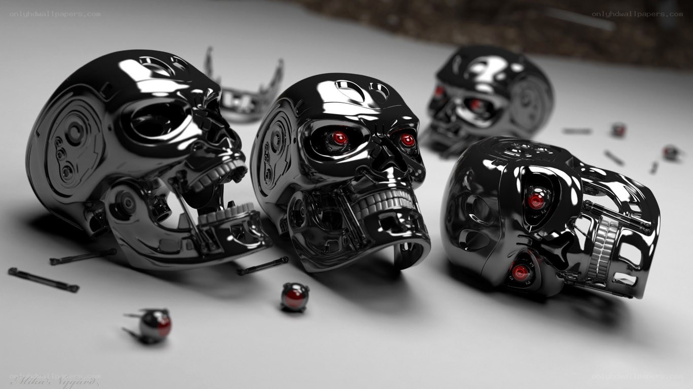 robot skulls with red eyes