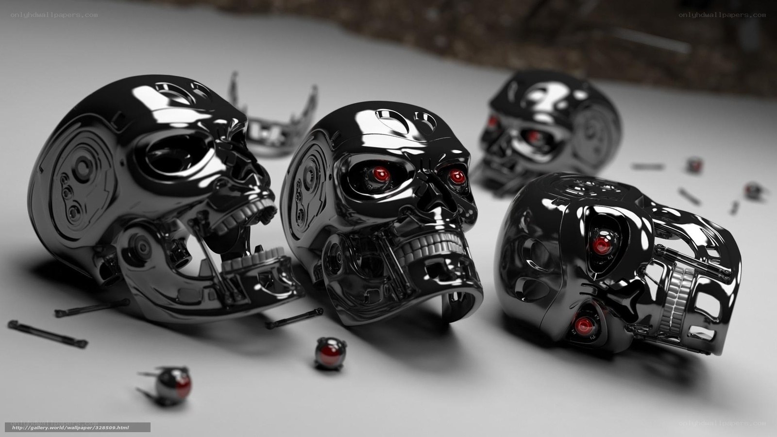 robot skulls with red eyes