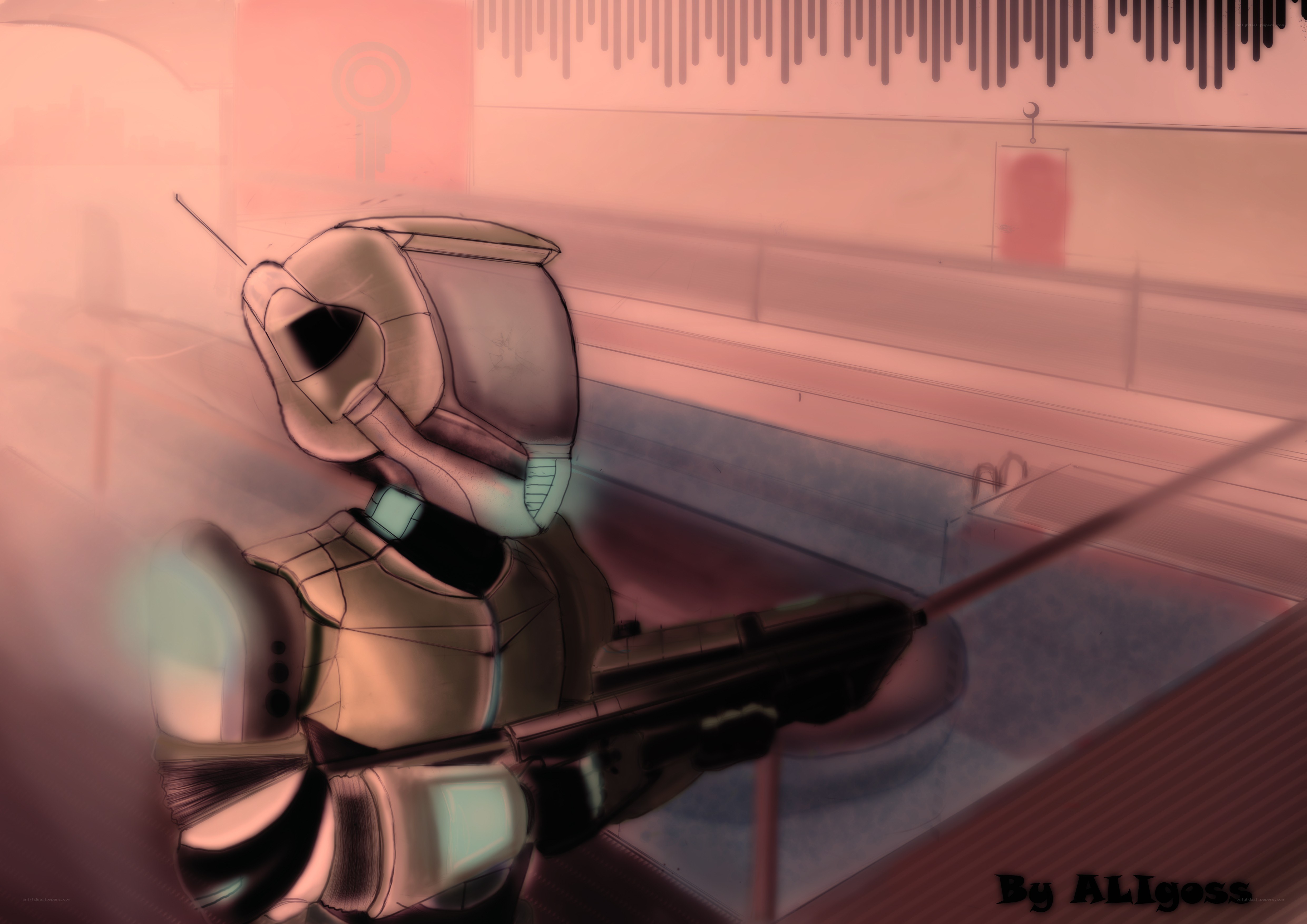 robot soldier in pink light