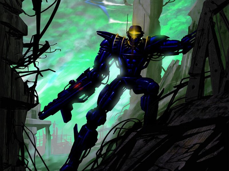 robot soldier in ruined city