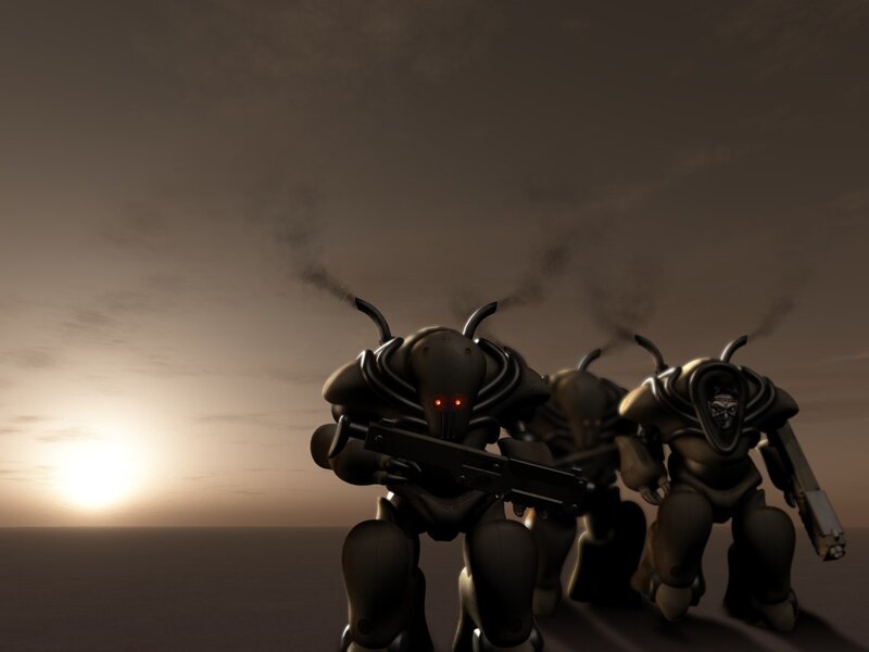 robot soldiers at sunset