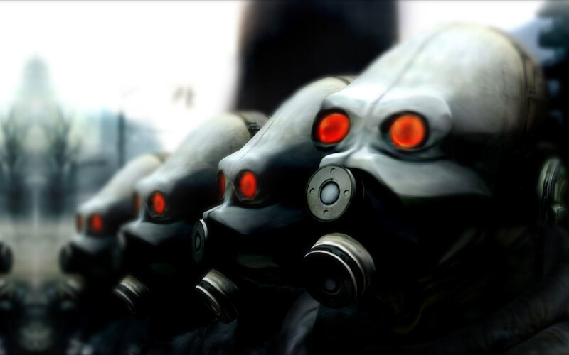 robot soldiers in gas masks