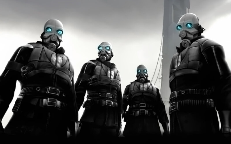 robot soldiers in gas masks