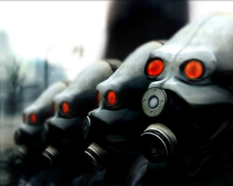 robot soldiers in gas masks