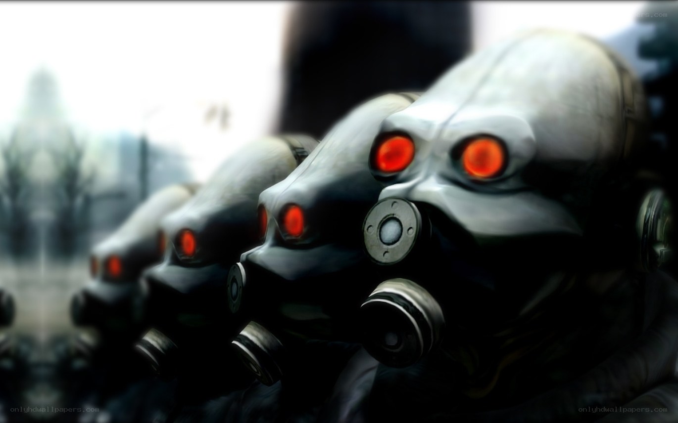 robot soldiers in gas masks