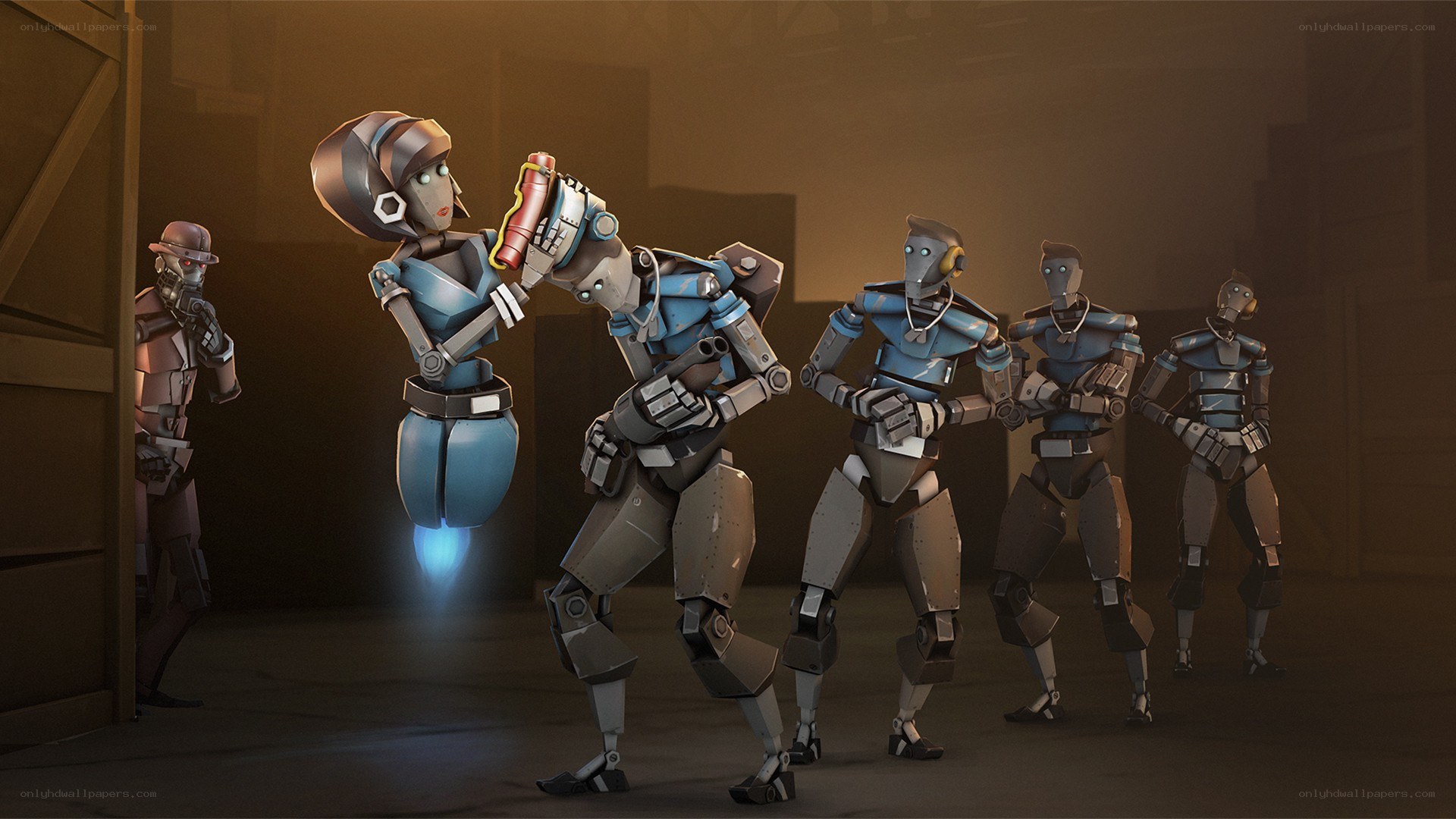 robot soldiers in warehouse