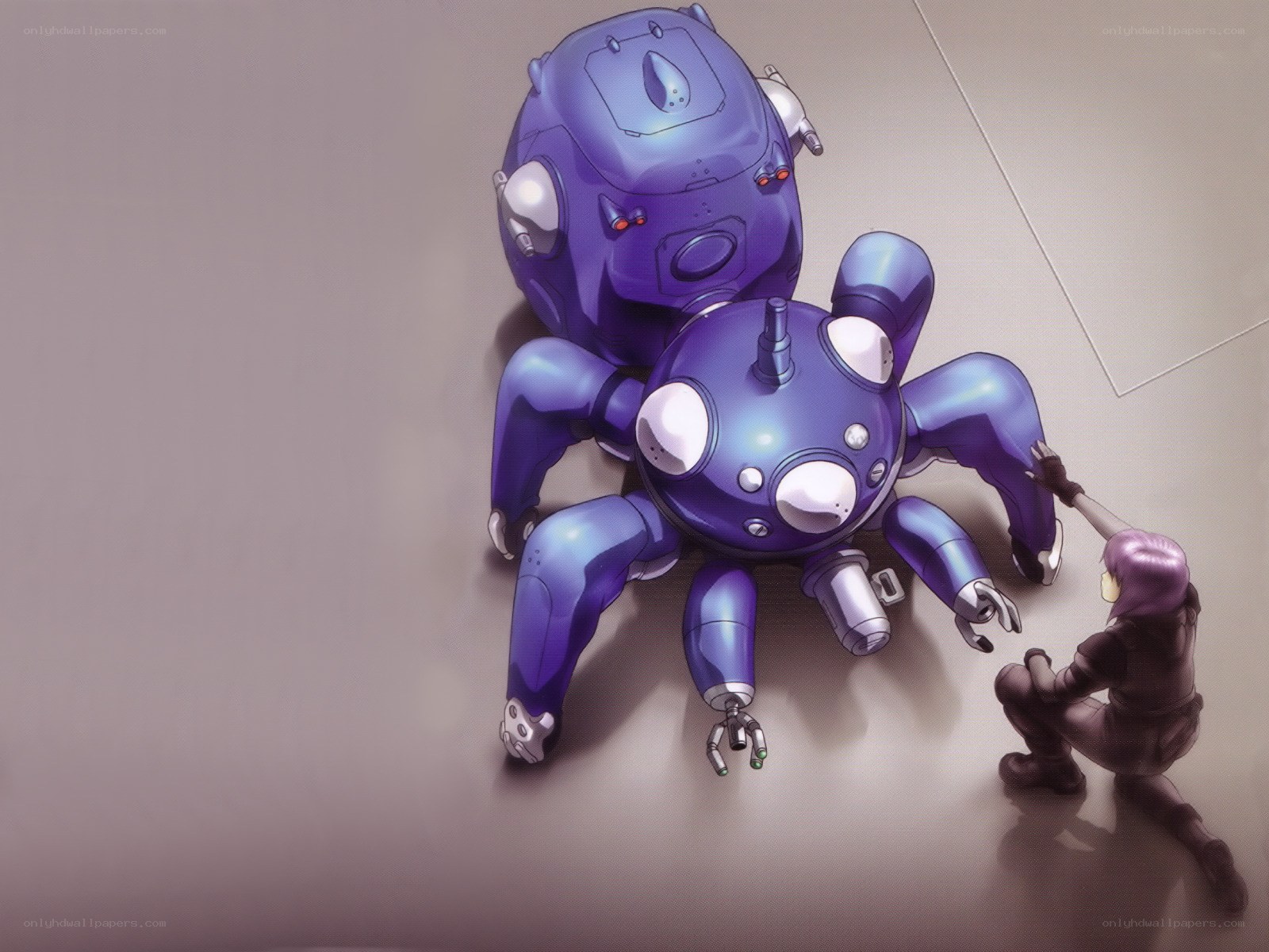 robot spider and purple-haired person
