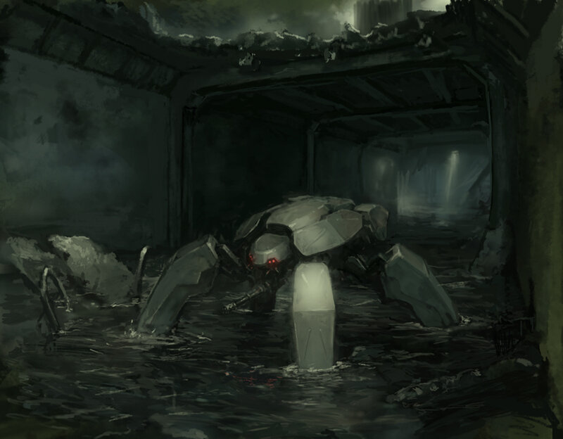robot spider in flooded tunnel