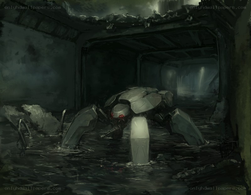 robot spider in flooded tunnel