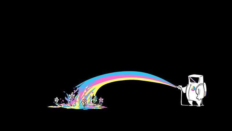 Robot Spraying Rainbow — Black, Playful, Digital Art, Flowers