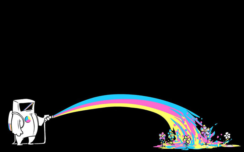 Robot Spraying Rainbow — Black, Playful, Digital Art