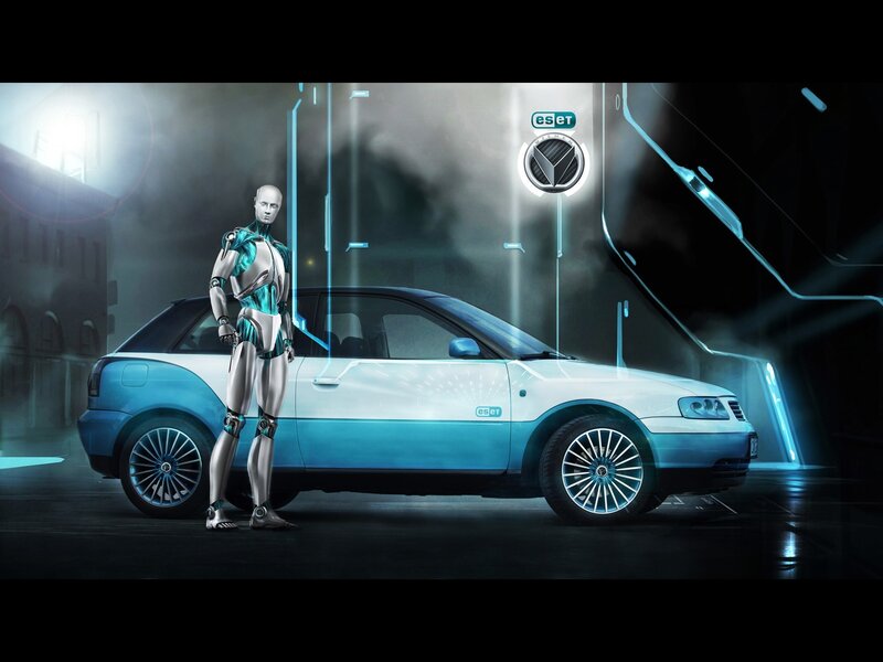 Robot Standing Beside Car — Blue, Futuristic