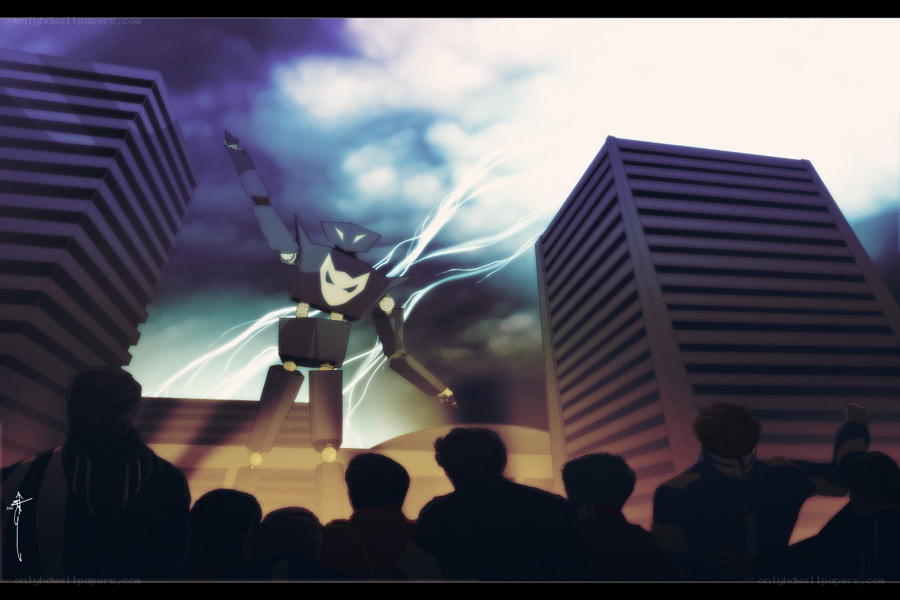 Robot stands in city with lightning