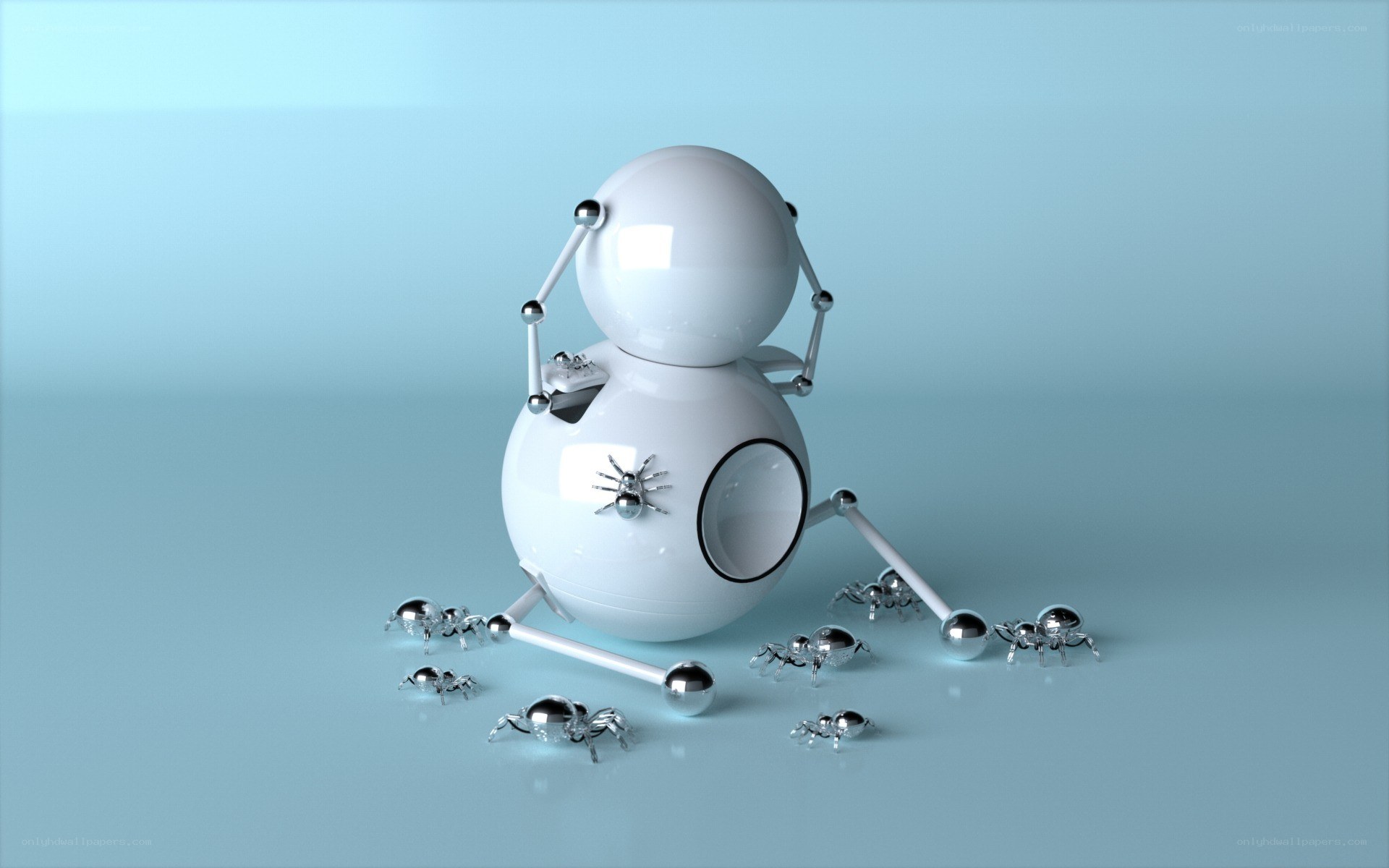 robot surrounded by spiders