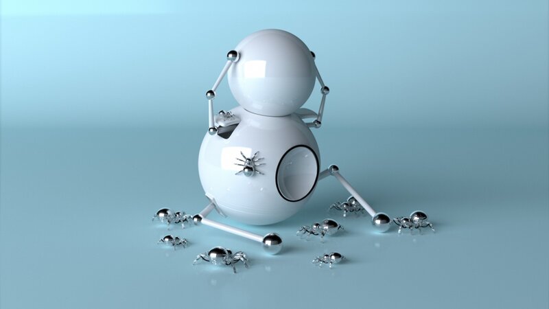robot surrounded by spiders