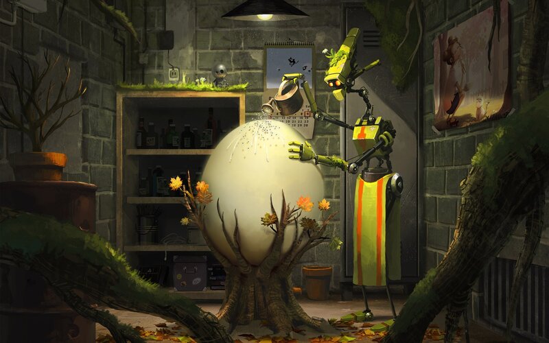robot tending a giant egg
