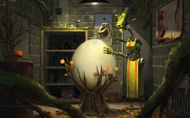 robot tending a giant egg