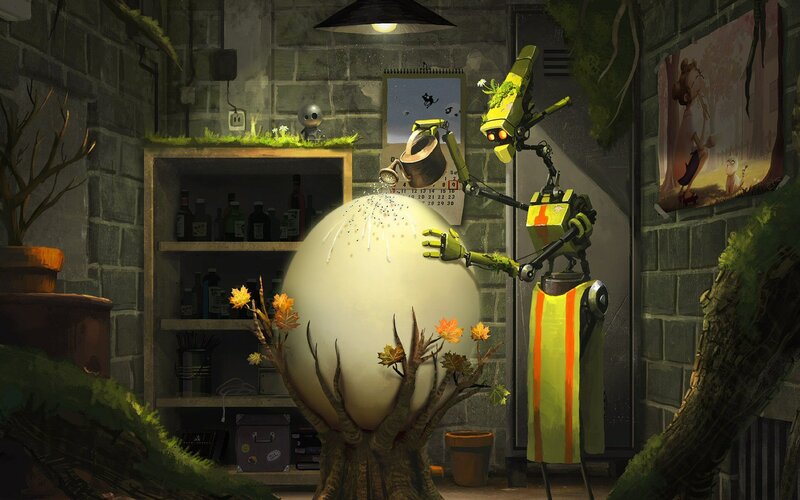 robot tending a giant egg