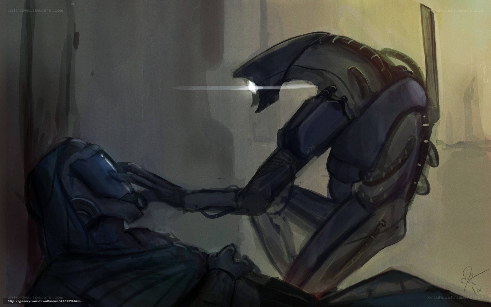 robot tending to fallen comrade