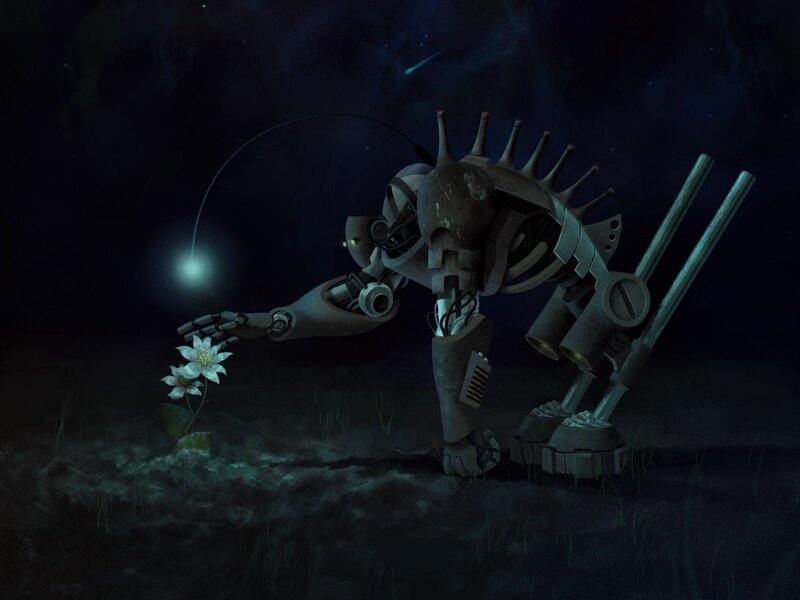 Robot Touching Flower — Dark Blue