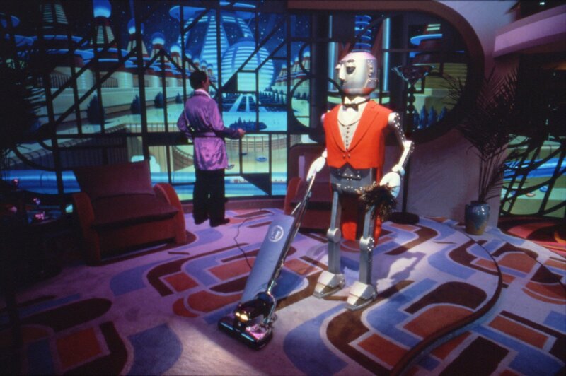 Robot vacuuming in futuristic room