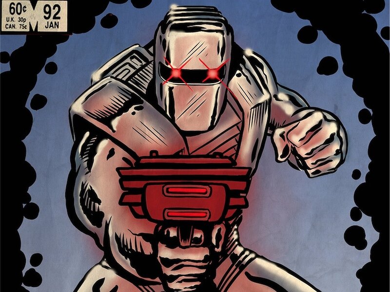 Robot villain confronts hero
