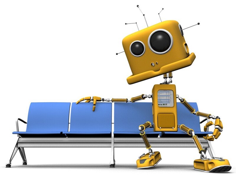 robot waiting on bench