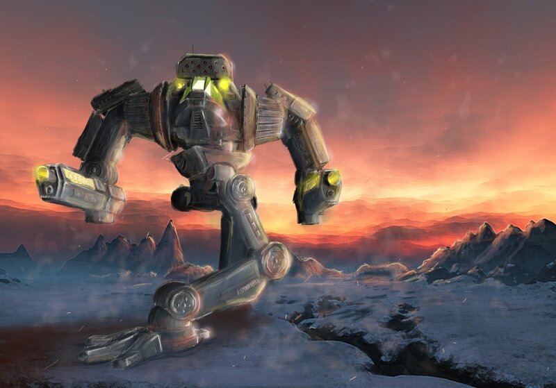 robot walking on alien planet